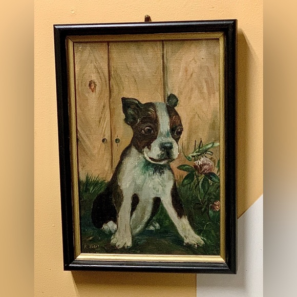 1931 Vintage Artist Signed Framed Oil Paint on Canvas Potrait of Boston Terrier - Picture 4 of 16